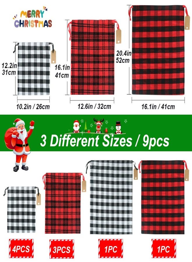 YQL Buffalo Plaid Drawstring Bags, 9Pcs Soft Flannel Christmas Gift Bags Assorted Sizes Xmas Fabric Bags Reusable Gift Bags for Package Birthday Holiday Party(Red&Black) - Image 2